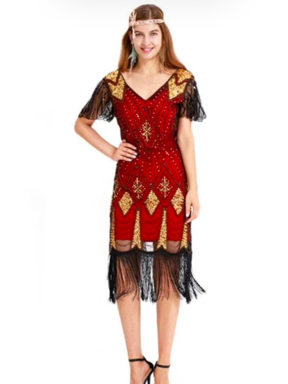 Women's 1920s size L red, black, gold Inspired Sequin Beads Fringe Flapper Dress